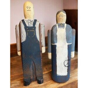 Vtg Carved Wood Folk Art Sculptures Figurines Country Farmer & Wife -Americana